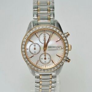 Seiko Chronograph Watch Women 34mm Rose Gold Silver Tone Date New Battery 5.75"